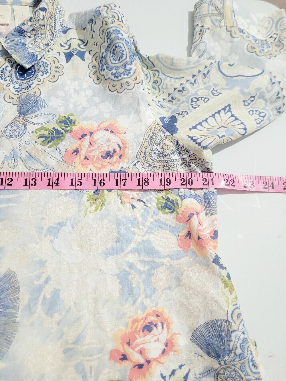 Chico's No-Iron 100% Linen Floral Paisley Button Front Tunic Shirt Medium Woman - Picture 9 of 12